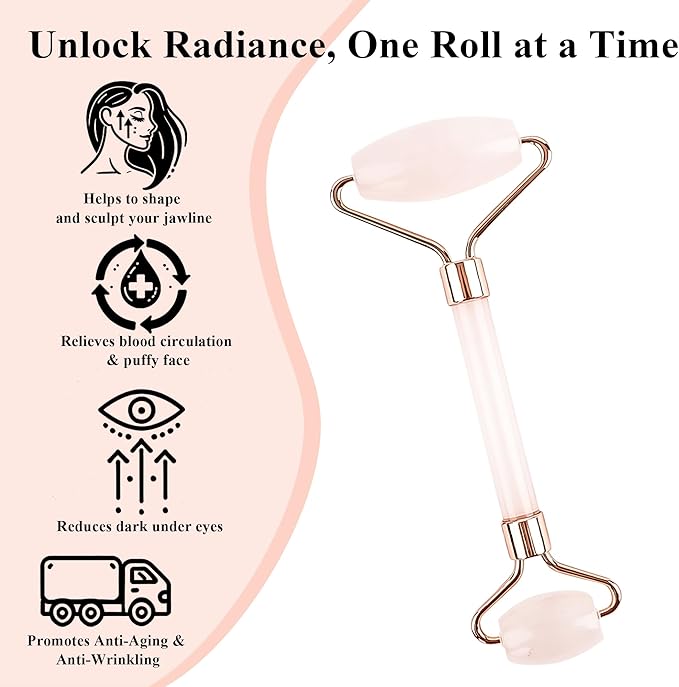 Natural Jade Roller for Face - Aging Wrinkles, Puffiness Facial Skin Massager Treatment Therapy - Premium Jade Stone, by Crystal Lemon (Rose Quartz)-GlimoraGlow