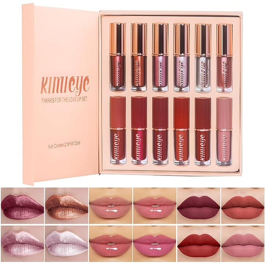 12Pcs Liquid Lipstick Makeup Set, Shades with 4Pcs Metallic Color Lipstick, 4Pcs Hydrating Lip Oil and 4Pcs Longwear Waterproof Matte Lipstick Gift Kit for Women (SET C)-GlimoraGlow