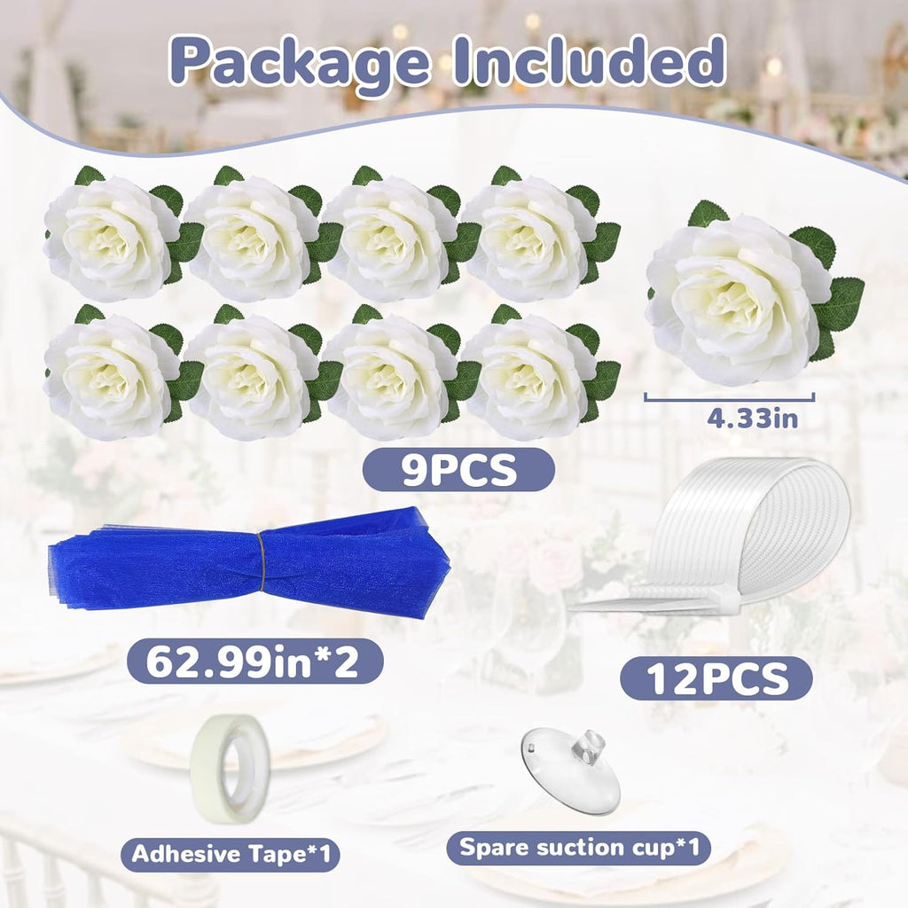 Wedding Car Flower Decoration, White Floral Flowers and Blue Ribbon Set, Just Married Automotive Ornament Accessores for Bridal Shower Party Decor