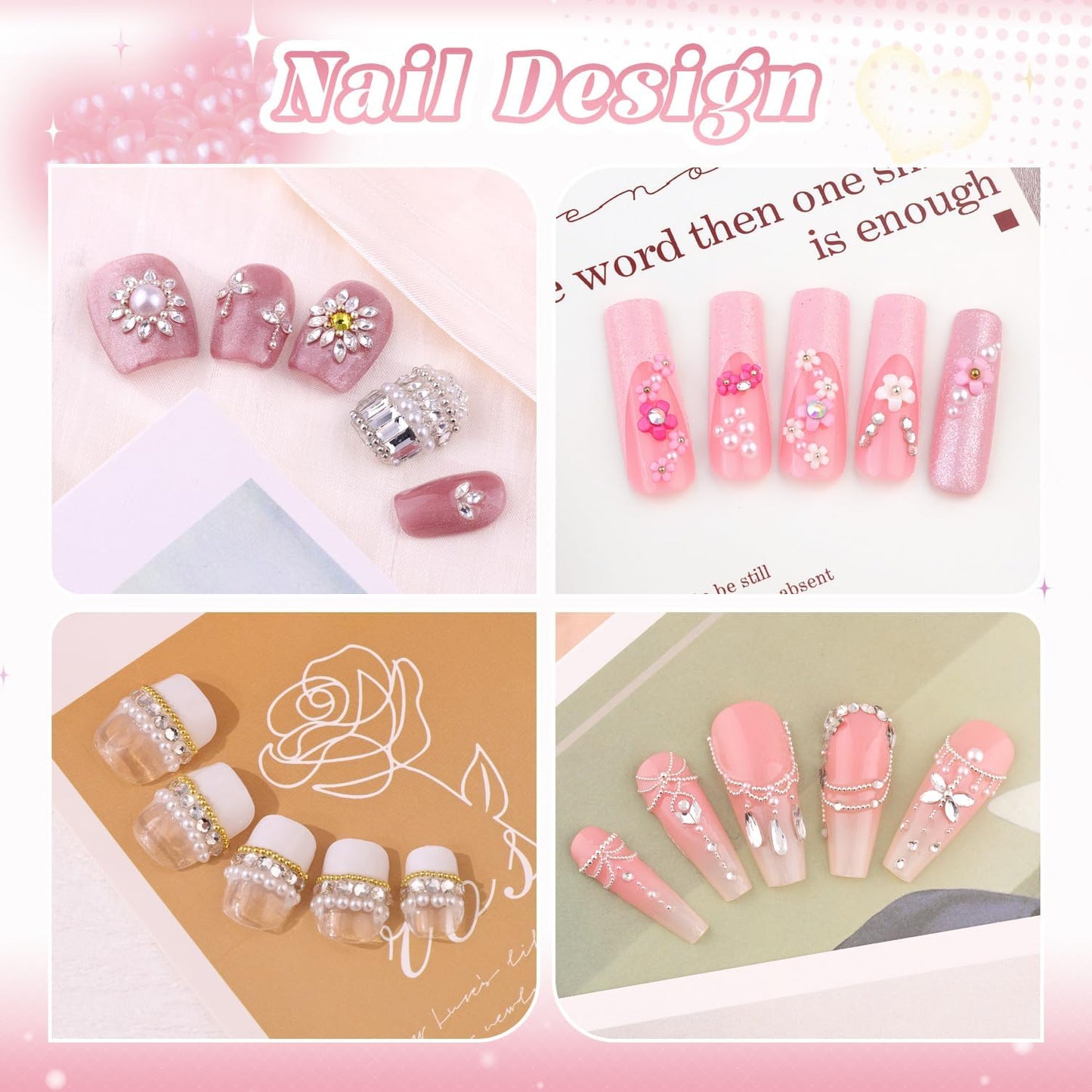 2 Boxes Metal Nail Beads (Silver+Gold) and 3D Flowers and Glass Rhinestones (Clear) for Art, Half Flatback Pearls (White) Crystals Pearl Nail Charms and Round Caviar Beads for Manicure Decor-GlimoraGlow