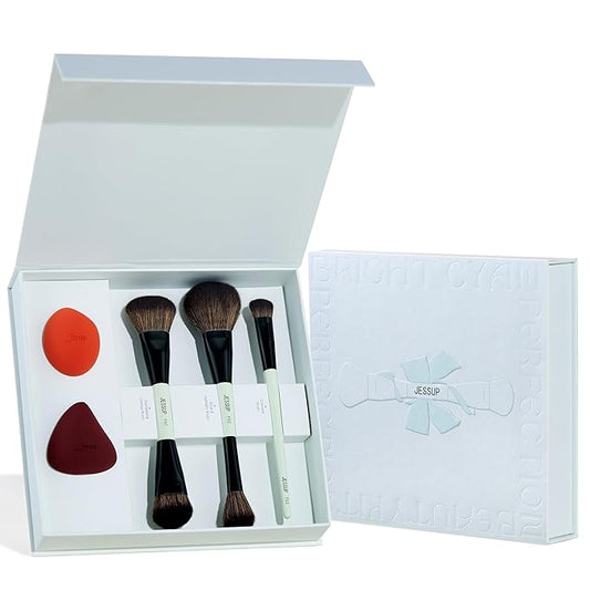Jessup Face Makeup Brushes with Makeup Sponge, 3pcs Double Ended Makeup Brush for Foundation Contour Blush Highlight and Concealer Brush, Premium Synthetic Brush Set with Gift Box, T510-GlimoraGlow