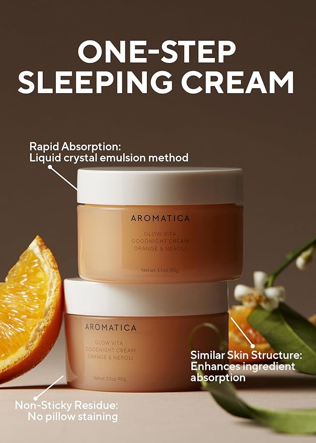 AROMATICA Glow Vita Goodnight Cream Orange & Neroli 3.1fl oz/90g - Night Cream Moisturizer For Face & Neck | Anti Aging Wrinkle Cream with Vitamin C, 5% Niacinamide-GlimoraGlow