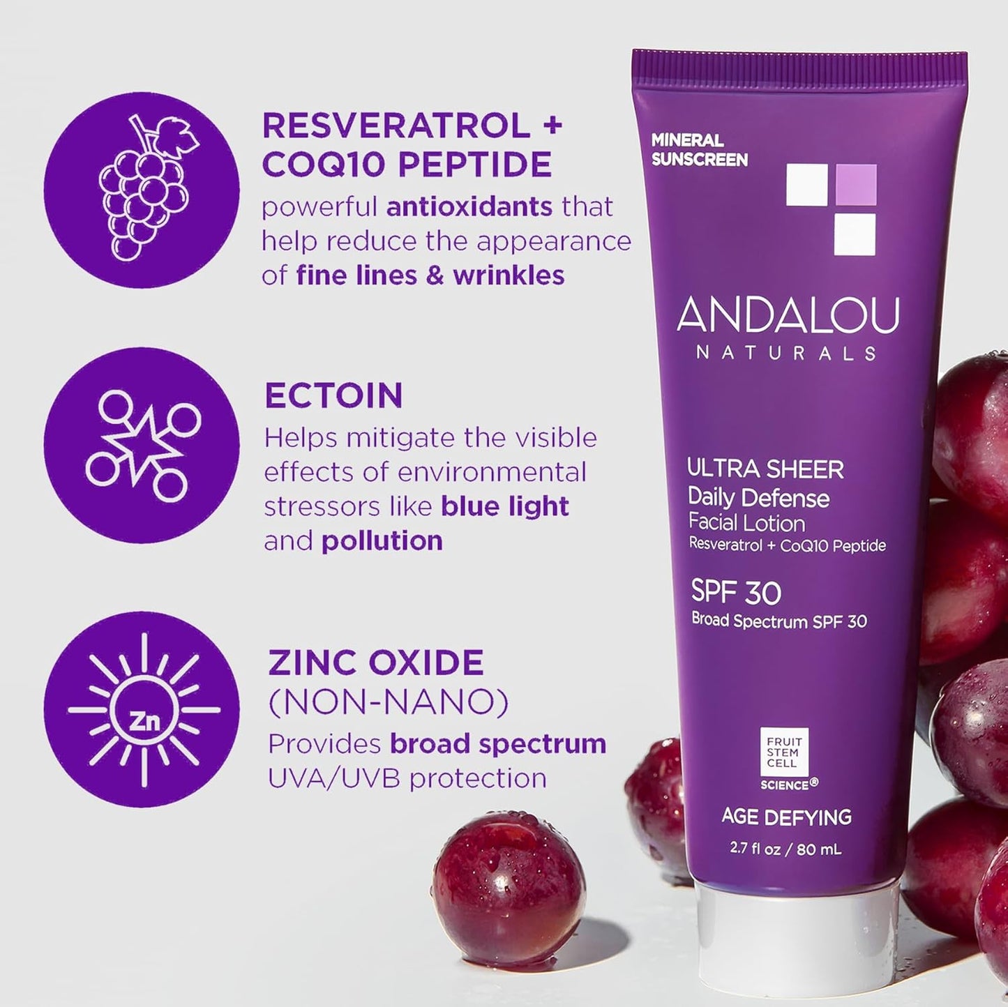 Andalou Naturals Age Defying Ultra Sheer Daily Defense Mineral Sunscreen SPF 30 | Face Lotion with Zinc Oxide | Lightweight Anti-Aging Sun Protection | 2.7 fl oz-GlimoraGlow