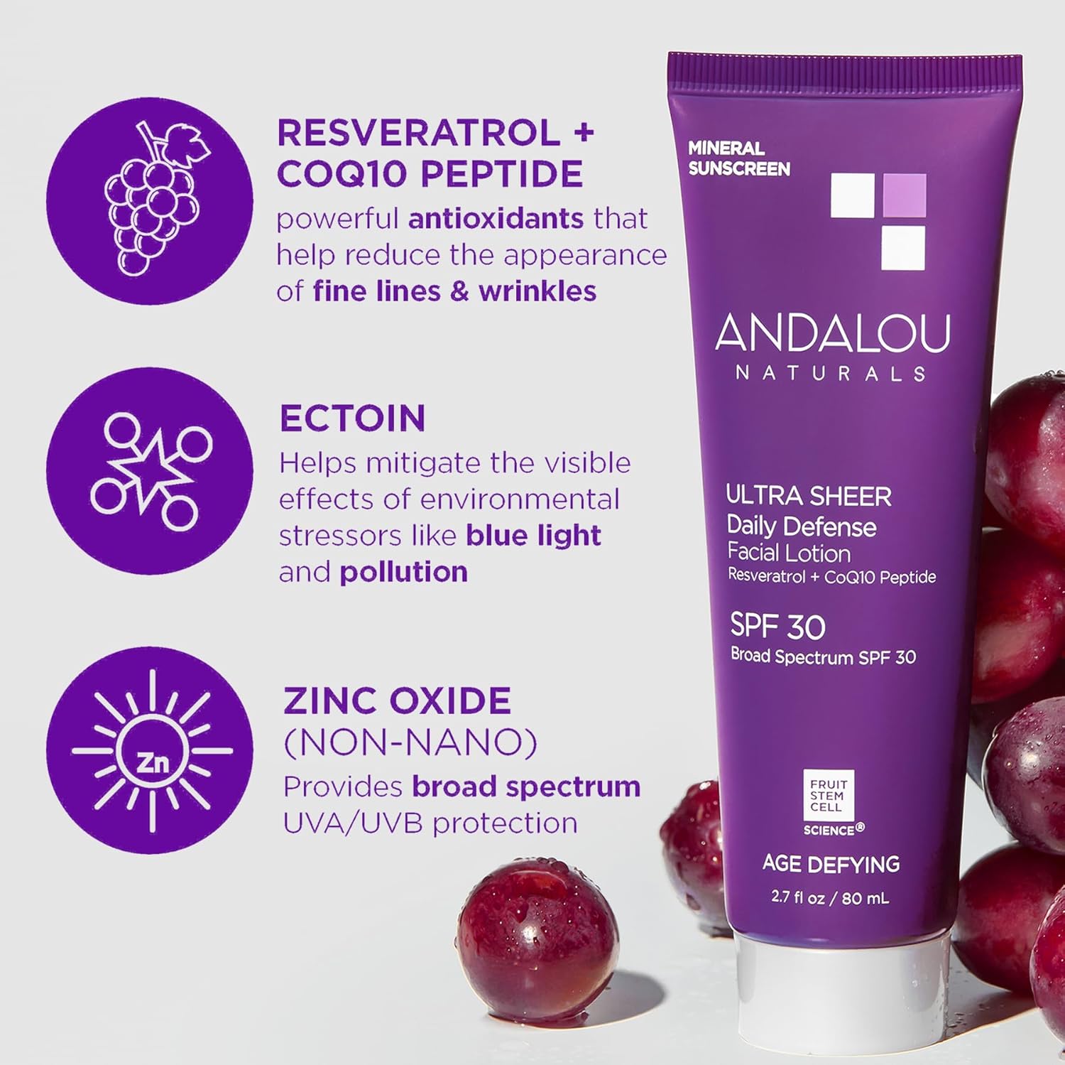 Andalou Naturals Age Defying Ultra Sheer Daily Defense Mineral Sunscreen SPF 30 | Face Lotion with Zinc Oxide | Lightweight Anti-Aging Sun Protection | 2.7 fl oz-GlimoraGlow