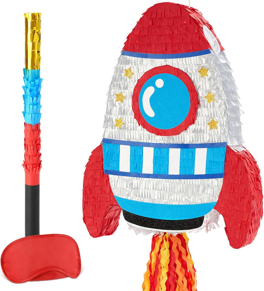 WERNNSAI Rocket Piñata - Rocket Ship Pinata Bundle with Blindfold and Bat Space Birthday Party Decoration for Boys Kids Family Games Piñata Space Ship Theme Party Supplies
