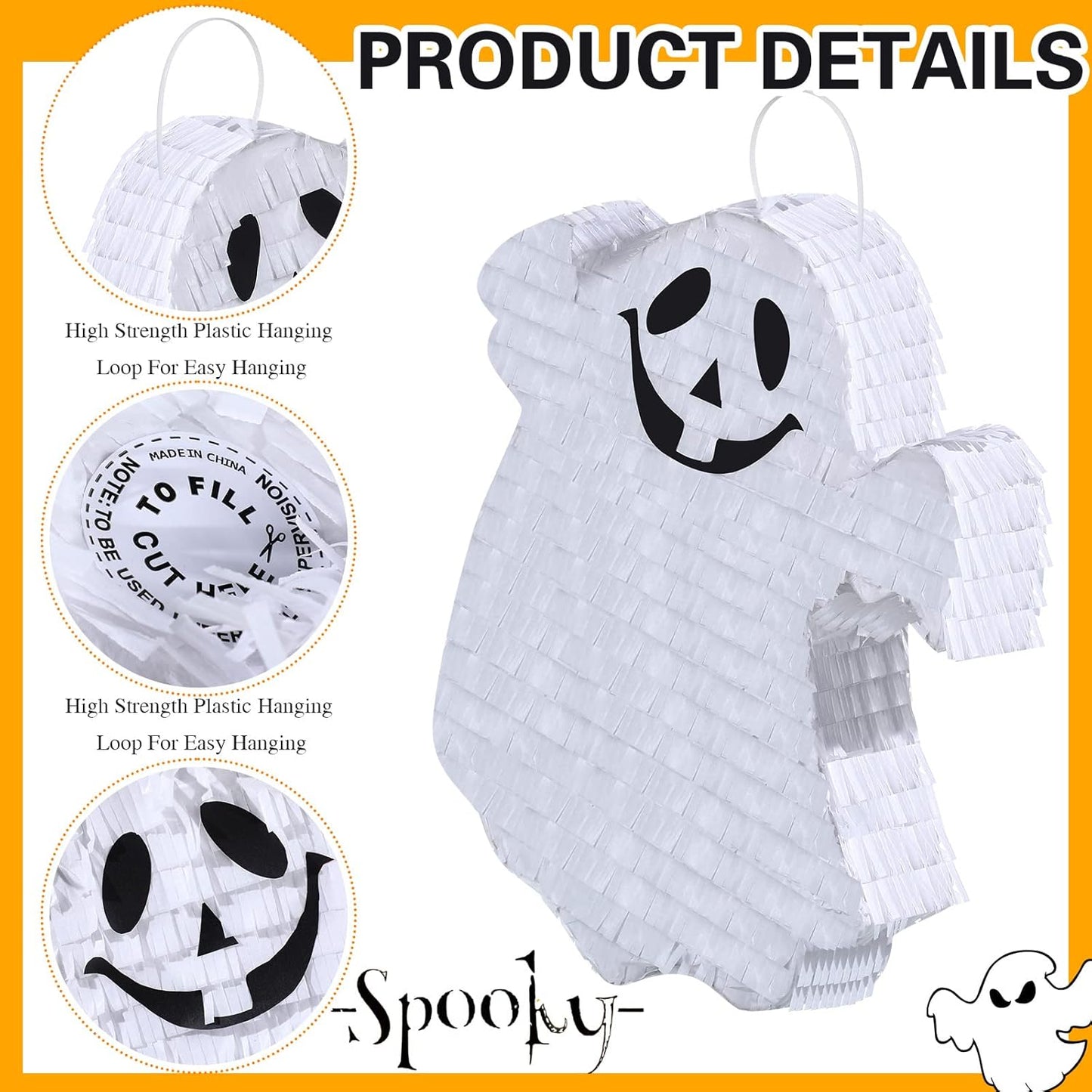 Aoriher Halloween Ghost Piñata Spooky White Ghost Piñata with Stick and Blindfold Halloween Hanging Decoration Mexican Piñata for Birthday Game Halloween Party Supplies