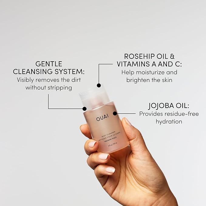 OUAI Body Cleanser Travel Size, Melrose Place - Foaming Body Wash with Jojoba Oil & Rosehip Oil to Hydrate, Balance & Soften Skin - Paraben, Phthalate, Sulfate Free Skin Care Products (3 Fl Oz)-GlimoraGlow