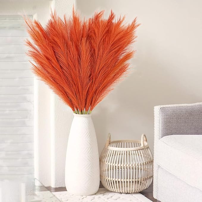 8pcs Orange Pampas Grass Tall, 35" Fluffy Faux Colored Pompas Grass Artificial Orange Pampas Stems Vase Filler Fall Flower Arrangement for Home Wedding Centerpieces Autumn Bohe Decor