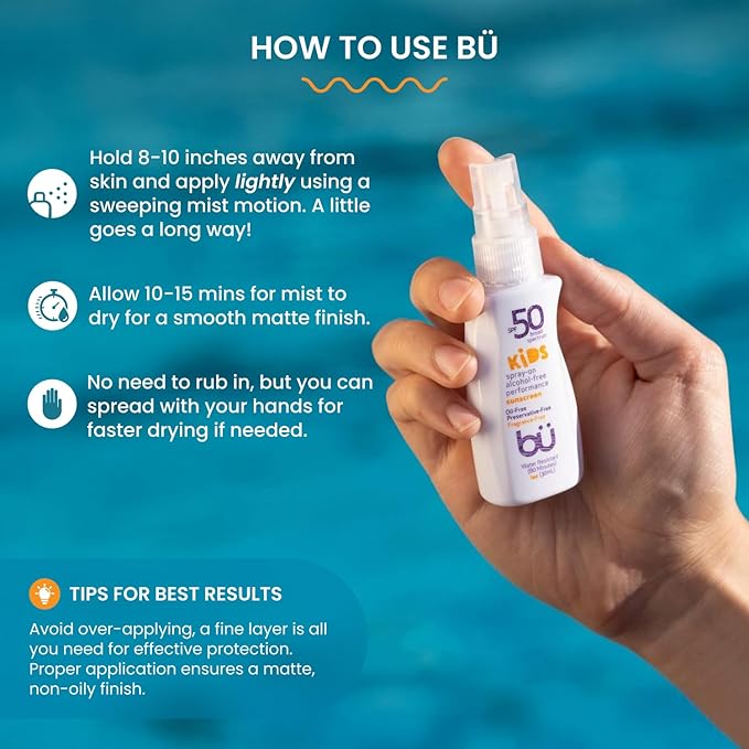 BU SPF 50 Fragrance Free Kids Sunscreen Spray for Face and Body, TSA Travel Size Sunscreen, Clear Non Aeorsol Spray, Non Greasy, Water Resistant and Oil Free, 1 oz (4-pack)-GlimoraGlow