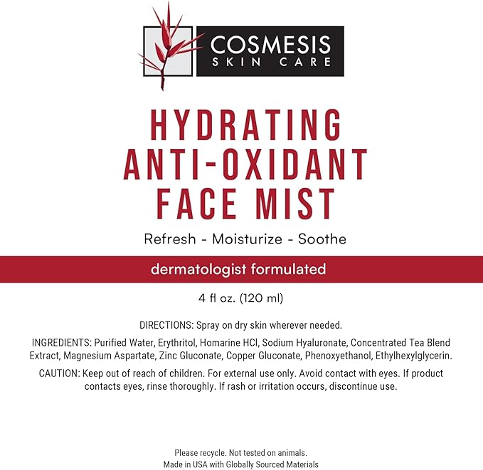 Cosmesis Hydrating Anti-Oxidant Face Mist - Refresh, Moisturize & Soothe Dry Skin, Tea Blend & Vitamins A/D - 4 fl oz-GlimoraGlow