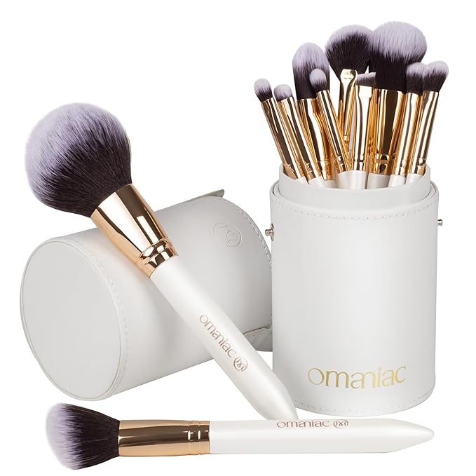 OMANIAC Makeup Brush Set Professional, 12 Pearlescent Wood Handle Makeup Brushes, Premium Cruelty-Free Synthetic Fiber Hair, Travel Make up Brushes Set with Case (White).-GlimoraGlow