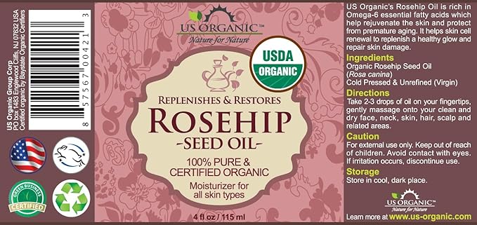 US Organic Rosehip Seed Oil, USDA Certified Organic, Cold Pressed, Virgin Organic, Amber Glass Bottle and Glass Eyedropper for Easy Application - 4 oz (115 ml)-GlimoraGlow