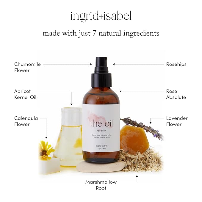 Ingrid & Isabel, The Oil, Organic Belly & Body Oil, Prevents Stretch Marks & Scars, Maternity & Pregnancy Skincare, 4 Fl Oz-GlimoraGlow