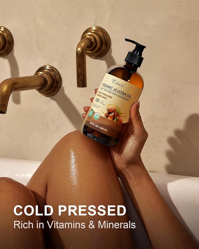 Yoken Organic Jojoba Oil Glass Bottle 16 fl oz, USDA Certified 100% Pure & Natural Jojoba Oil for Hair, Skin & Face, Cold Pressed Unrefined Hexane Free, Deeply Moisturizing Body Serum for Gua Sha-GlimoraGlow