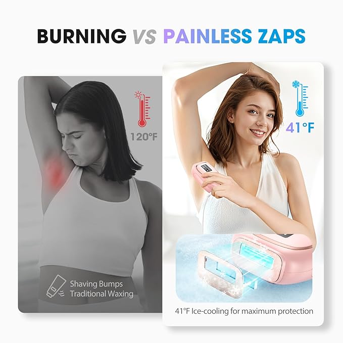 IPL Laser Hair Removal Device for Women & Men - Home 45°F Ice-Cooling Contact for Painless & Long-Lasting Results, 86% Hair Reduction in 3 Weeks for Full Body & Bikini Line, Light Pink-GlimoraGlow