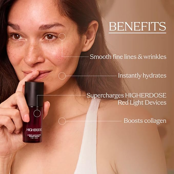 HigherDOSE Light-Activated GLOW SERUM - Anti Aging Face Serum to Plump, Hydrate & Smooth Fine Lines - Made with Vitamin C, Copper Peptides & Hyaluronic Acid - Boosts Benefits of Red Light (1 oz)-GlimoraGlow