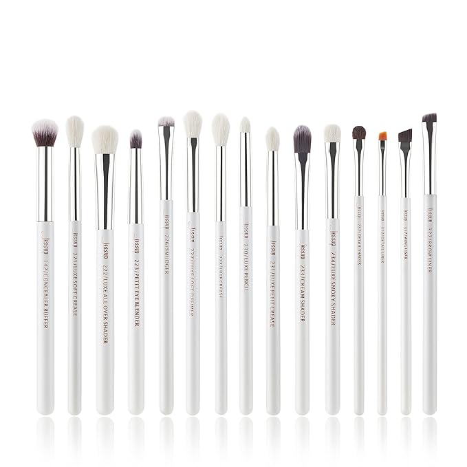 Jessup Small Eye Makeup Brush Set Professional 15pcs White/Silver Premium Natural-synthetic Eye Shadow Blending Concealer Eye & Brow Liner Brushes, T237-GlimoraGlow