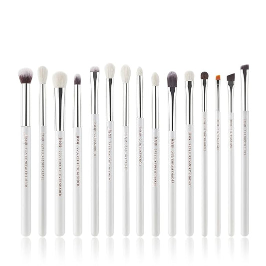 Jessup Small Eye Makeup Brush Set Professional 15pcs White/Silver Premium Natural-synthetic Eye Shadow Blending Concealer Eye & Brow Liner Brushes, T237-GlimoraGlow