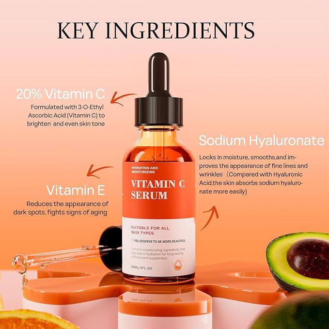 Vitamin C Serum For Face-Anti Aging & Wrinkle Facial Serum With Vitamin C,Sodium Hyaluronate,Vitamin E And More,Skin Brightening Serum For Dark Spots,Fine Lines & Dull Skin,1 Fl Oz-GlimoraGlow