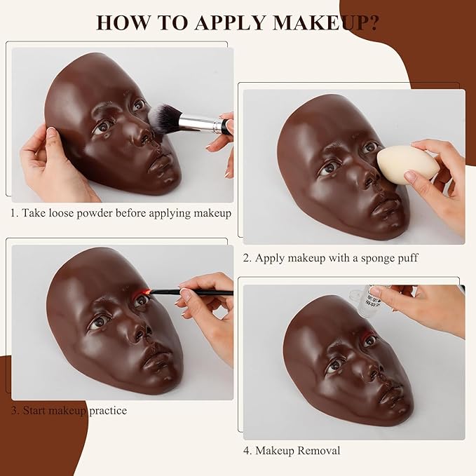 5D Makeup Practice Face Board, Makeup Practice Accessories Set with Face Painting Mannequin Head, Makeup Brushes, Face Painting and 2-in-1 Dual-Ended Eyebrow Pen, Makeup Practice Gift, Dark Brown-GlimoraGlow