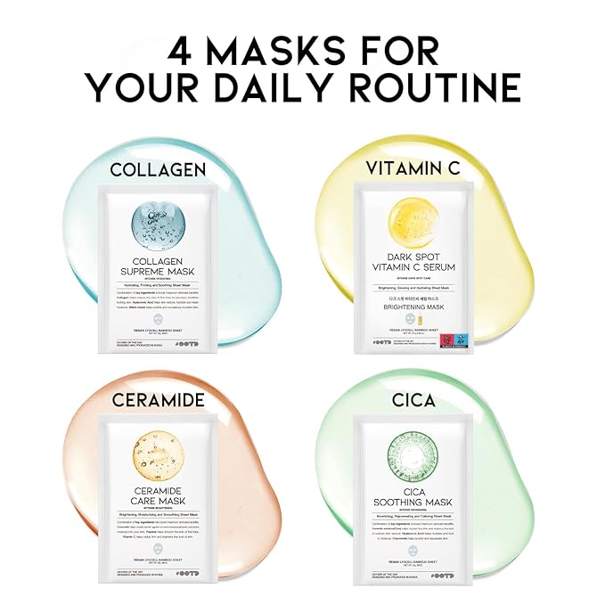 #OOTD Face Mask Korean Skincare for Dry Sensitive Skin | Hydrating, Revitalizing, Calming, Collagen, Ceramide, Cica, Vitamin C Serum Sheet Masks (12EA)-GlimoraGlow