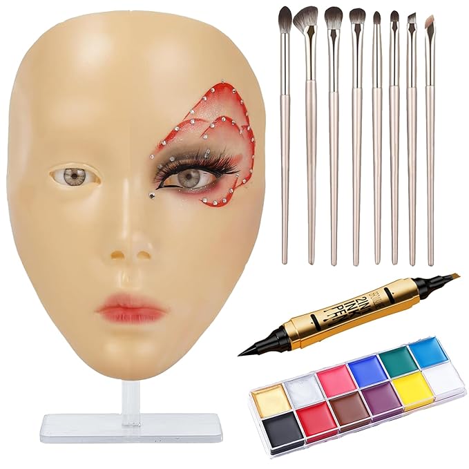 Makeup Practice Face, Eye Makeup Practice Head Silicone, Makeup Practice Accessories Set with Face Painting Mannequin Head, Makeup Brushes, Face Painting and Eyebrow Pen, Makeup Practice Gift, Yellow-GlimoraGlow