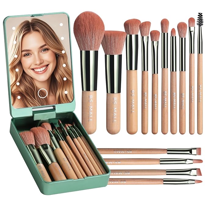 BS-MALL Travel Makeup Brush Set Foundation Powder Concealers Eye Shadows Makeup Set with LED light Mirror 14 Pcs (Green)-GlimoraGlow