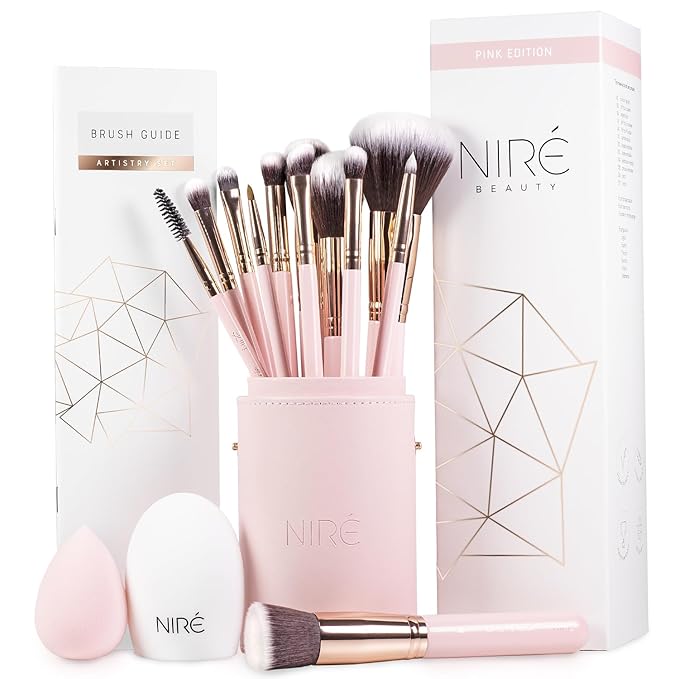 Niré Beauty 15piece Award Winning Pink Makeup Brushes: Pink Makeup Brush Set with Case, Makeup Sponge, Brush Cleaner, Guide, Gift Box-GlimoraGlow