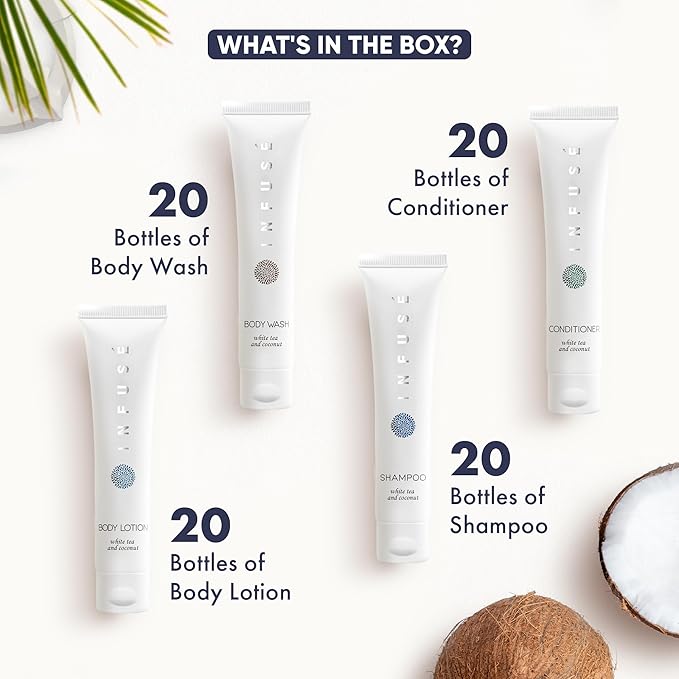 Infuse White Tea & Coconut Hotel Toiletries Bulk Set | 1-Shoppe Amenities Kit | 1oz Shampoo & Conditioner, Body Wash, Lotion | Travel Size | 80 Pieces-GlimoraGlow