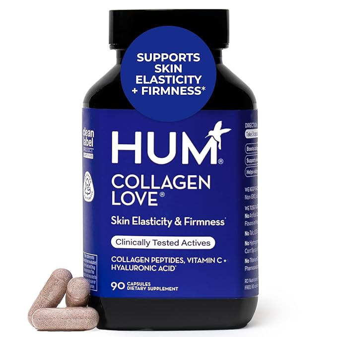 HUM Collagen Love Skin Supplement - Collagen Peptides w/Hyaluronic Acid & Vitamin C, Supports Firm Skin & Helps Minimize Signs of Aging - Supplements for Women and Men (90-Count)-GlimoraGlow