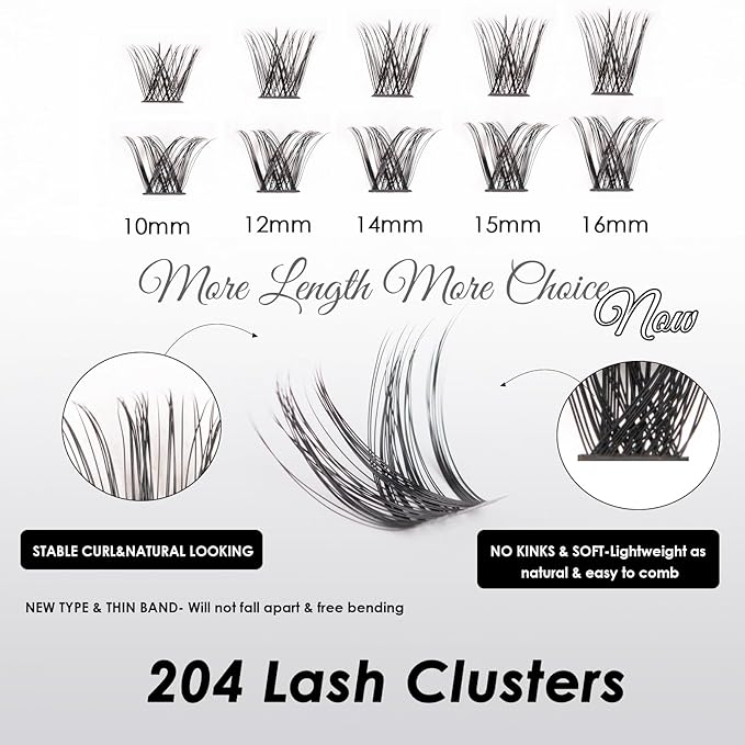 Lash Clusters 204 Pcs Individual Lashes Clusters Eyelash Extensions False Eyelashes DIY Lash Extension Kit Reusable False Eyelashes Natural Look Mix 10-16mm C D Curl(DM01+DM17)-GlimoraGlow