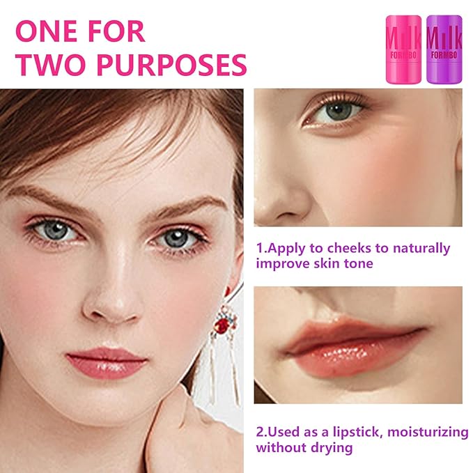 2 Pcs Milk Jelly Blush,Jelly Tint Blush Stick Sheer Lip & Cheek Stain Milk Cooling Water Jelly Tint Long Lasting Face Blushes, Lip Gloss Cheek Solid Moisturizer Stick (03#+04#)-GlimoraGlow