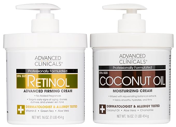 Advanced Clinicals Unscented Retinol Body Lotion & Face Moisturizer + Coconut Oil Body Cream For Women & Men | 2PC Skincare Set Helps Reduce Appearance Of Crepey Skin + Irritated Dry Skin, 2pc Set-GlimoraGlow
