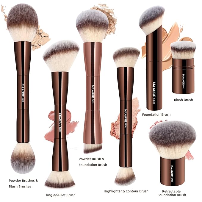 MAANGE 7pcs Makeup Brush Set Double Sided Kabuki Makeup Brushes Contour Brush for Foundation Liquid Powder Concealer Cream Cosmetics Bronzer Blending Blush Buffing Makeup Tools (Coffee)-GlimoraGlow