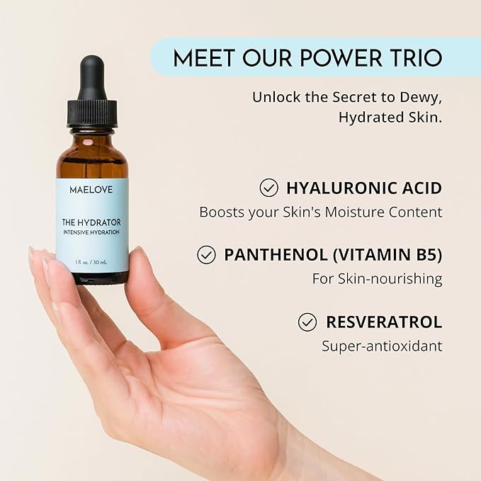 MAELOVE Hydrator Hyaluronic Acid B5 Serum with Resveratrol for Instantly Dewy Glow, Fills Fine Lines, Lightweight and Non Greasy, 1.0 fl oz-GlimoraGlow