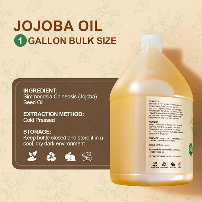 Yoken 1 Gallon Jojoba Oil EWG Verified - 100% Pure Jojoba Oils Bulk Cold Pressed Unrefined Hexane Free Virgin Golden jojoba Carrier Oil for Hair Skin Massage DIY Natural Body Moisturizer-GlimoraGlow