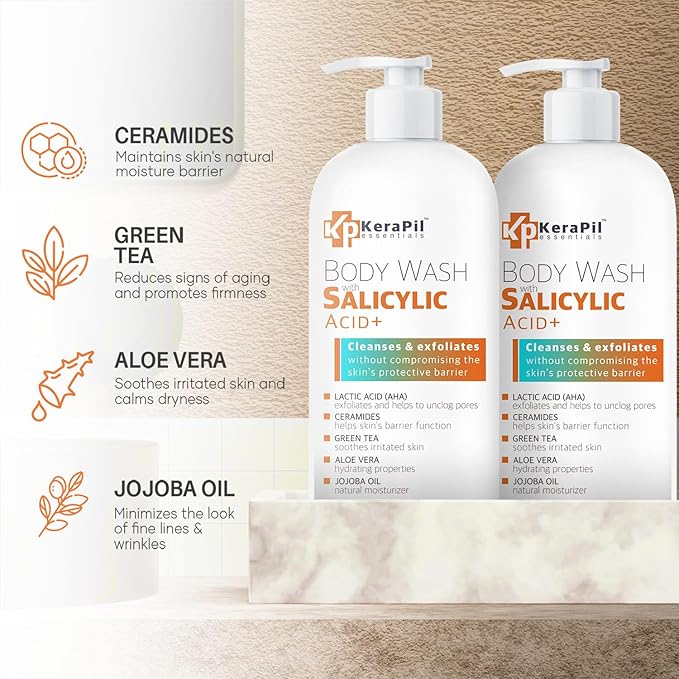Salicylic Acid Body Wash - Skin Non-drying, Gentle Exfoliates Rough and Bumpy Skin, Body Acne Wash, BHA & AHA - Unscented Exfoliating Body Wash, Made in USA - (16 fl oz x 2)-GlimoraGlow