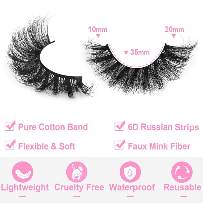 Mink Lashes Fluffy D-Curl False Eyelashes 20mm Long Volume Lashes That Look Like Extensions Cat Eye Fake Lashes Faux Mink Strip Lashes Pack 7 Pairs-GlimoraGlow
