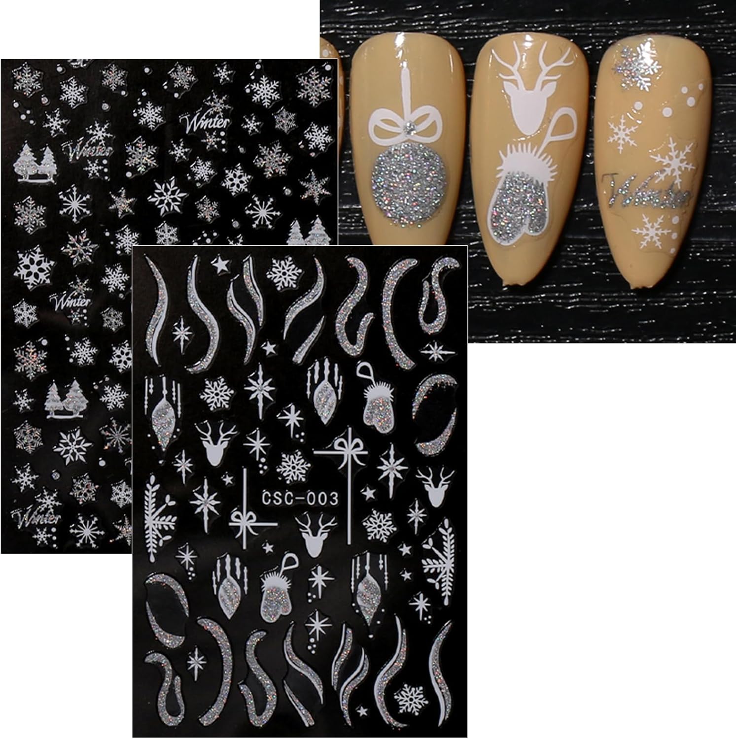 JMEOWIO 8 Sheets Christmas Glitter Nail Art Stickers Decals Self-Adhesive Snowflake Winter Holiday Cute Silver White Nail Supplies Nail Art Design Decoration Accessories-GlimoraGlow