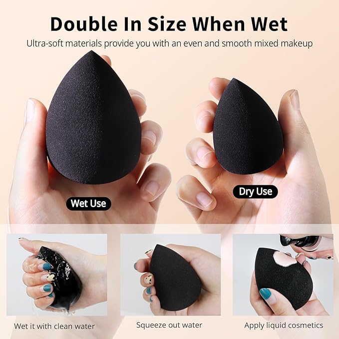 BEAKEY Makeup Sponge Set, 5 Pcs Foundation Blending Sponge, Beauty Sponges Flawless for Liquid, Cream, and Powder, Latex-Free and Vegan Boun Boun Sponges, Makeup Sponges Black-GlimoraGlow