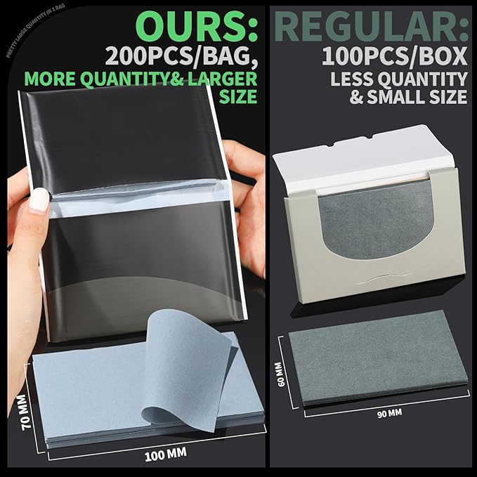 Blotting Paper for Oily Skin, Natural Bamboo Charcoal Blotting Paper, Oil Blotting Sheets for Face, 100 * 70MM Large Oil Absorbing Sheets Makeup Face Tissues, 200 Counts-GlimoraGlow