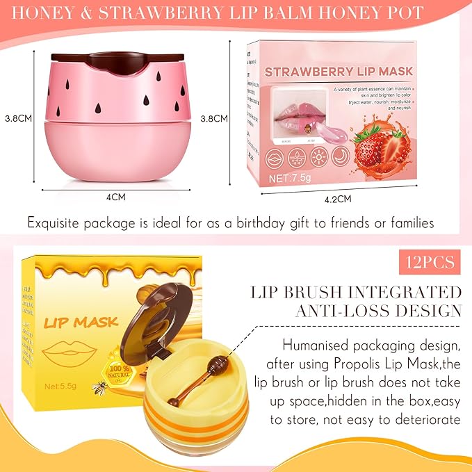 12 Pcs Bee Lip Balm Honey Pot with Brush Propolis Lip Mask Overnight, Moisturizing Hydrating Lip Sleeping Mask Prevention Dry and Cracked(Honey+Strawberry)-GlimoraGlow
