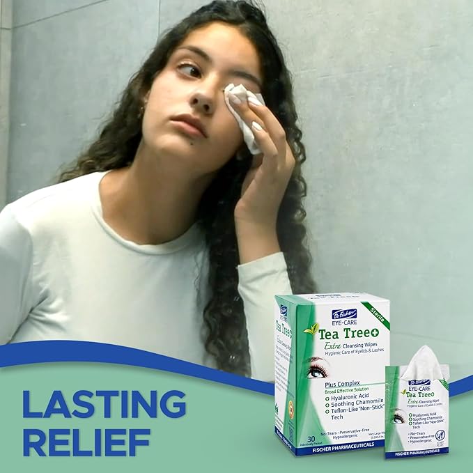 Dr. Fischer Tea Tree Oil Eye Wipes - Eyelid Wipes for Sensitive Eyes with Hyaluronic Acid and Chamomile, Makeup Remover, Daily Cleanser (60 wipes)-GlimoraGlow