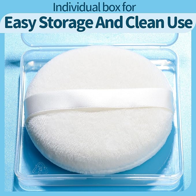 Teenitor 2pcs Powder Puff, 4.13 Inch Powder Puff for Body Powder, Body Powder Puff Large Powder Puff Loose Powder Puffs Soft Velour Body Powder Puff and Container White-GlimoraGlow