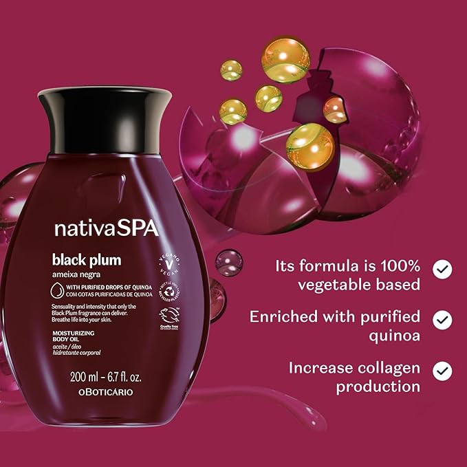 Nativa SPA by O Boticário, Black Plum Body Oil, Scented Moisturizer, Enriched with Purified Quinoa Drops to Boost Hydration, 6.8 Ounce-GlimoraGlow