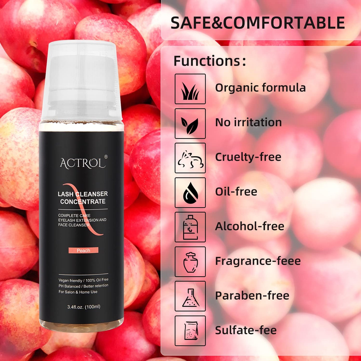 Eyelash Cleanser Concentrate 100ml Peach Professional Lash Shampoo Foaming Cleanser DIY Paraben & Sulfate Free Non-lrritating Wash for Extensions Lashes with Salon Care-Makes 20 Bottles-GlimoraGlow