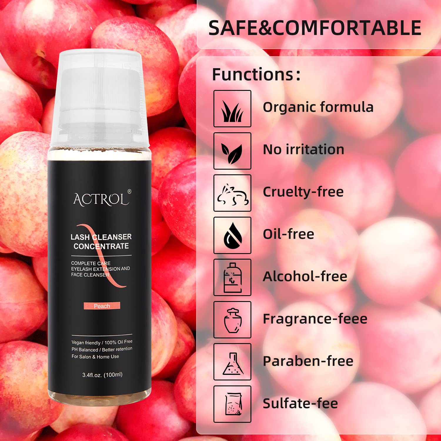 Eyelash Cleanser Concentrate 100ml Peach Professional Lash Shampoo Foaming Cleanser DIY Paraben & Sulfate Free Non-lrritating Wash for Extensions Lashes with Salon Care-Makes 20 Bottles-GlimoraGlow