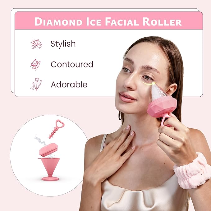 Rena Chris Ice Roller for Face: Diamond Ice Facial Roller, Reach Detailed Areas, De-Puff Eye Bags, Reusable Silicone Massage Ice Mold with Face Wash Wristband, Skin Care Tools for Women(Pink)-GlimoraGlow