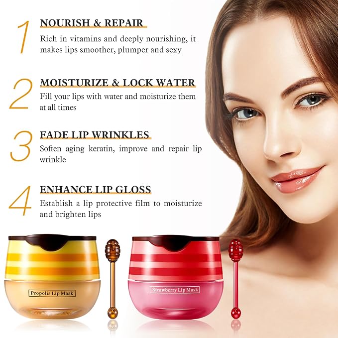 2 PCS Bee Honey Lip Balm Honey Pot, Strawberry & Bee Honey Lip Mask, Reduces Lip Lines, Hydrate & Moisturizing Lip Skin Care, Prevention Dry Cracked Lips, Bee Honey Lip Balm for Lip Repair Treatment-GlimoraGlow
