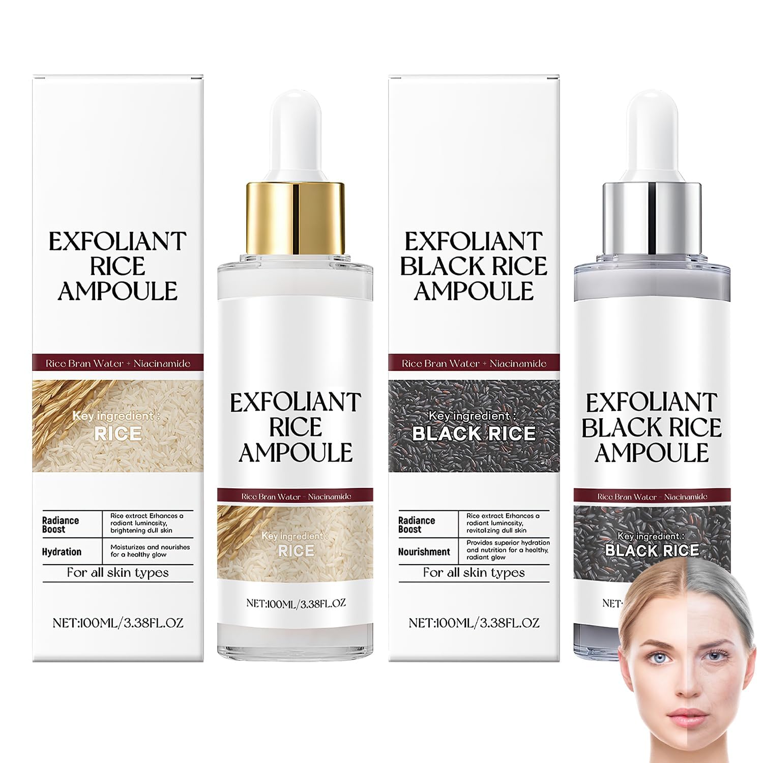 Rice Exfoliant Ampoule Duo, Black and White Face Peeling Solution, Moisturizing Pore Minimizer, 2-Pack, 100ml-GlimoraGlow